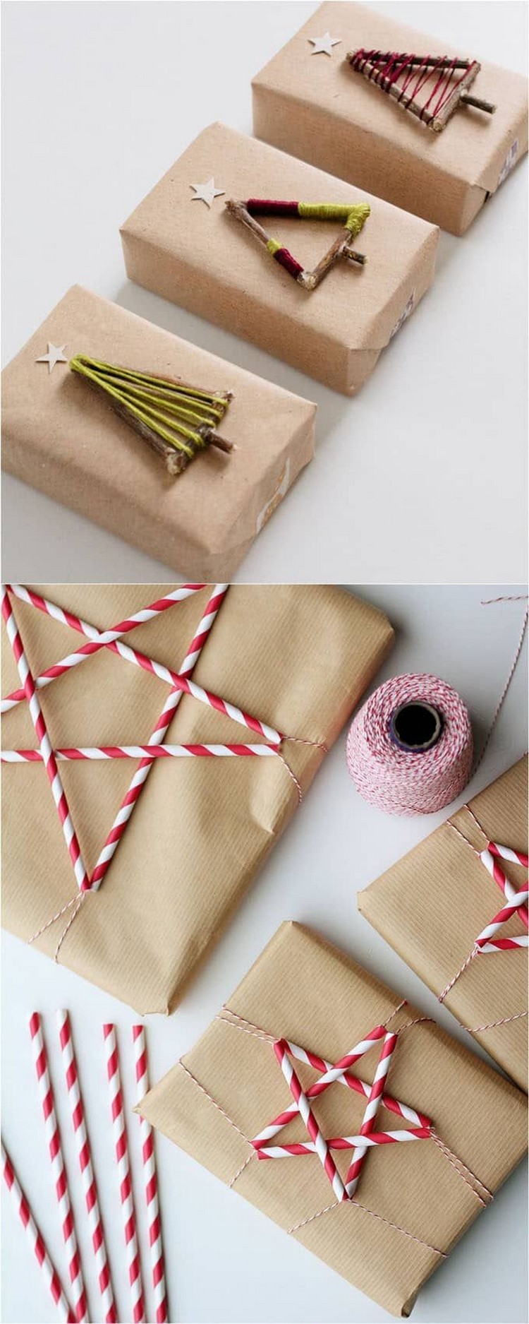 emballage cadeau original pour Noël en papier craft ficelle rouge blanc