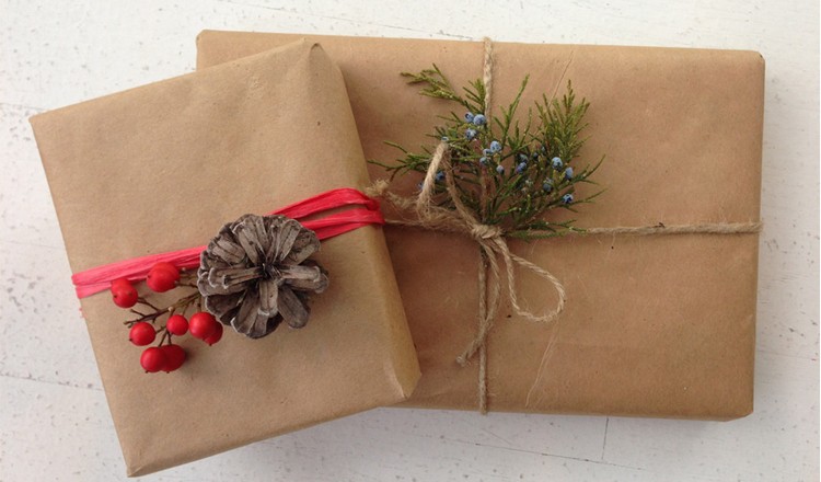 emballage cadeau original pour Noël fruits rouges papier kraft ficelle décorative branche sapin