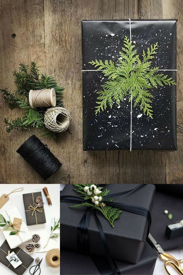 emballage cadeau original pour Noël papier kraft noir pin branches sapin bâtons cannelle
