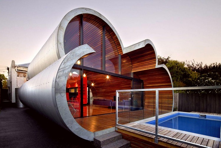 extension maison d'architecte contemporaine oeuvre d'art design asymétrique intérieur bois extérieur alu