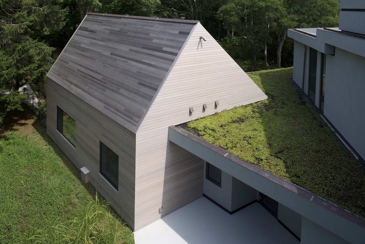 extension maison en bardage bois style scandinave toit vert piece supplémentaire