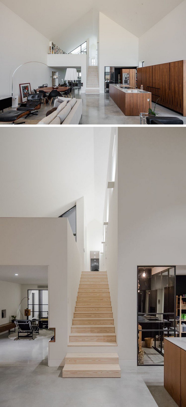 fenêtre sur mesure idée aménagement intérieur design épuré blanc mobilier contemporain escalier bois