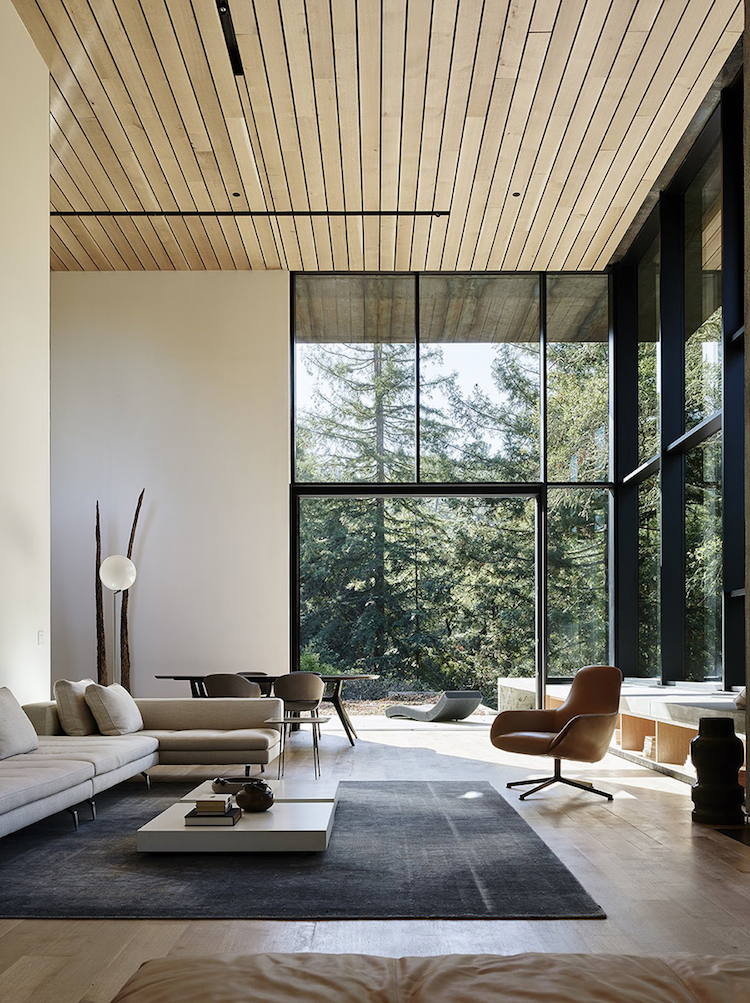 lambris plafond mur bois naturel fenêtres pleine hauteur