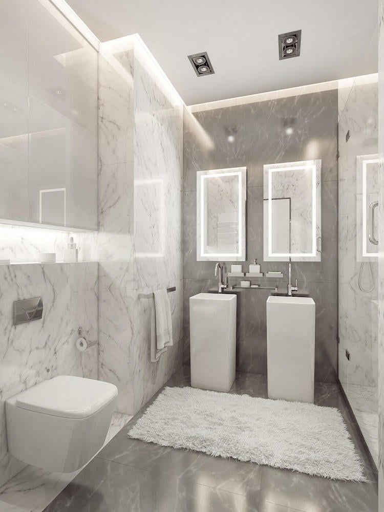 petite salle de bain moderne carrelage effet marbre blanc eclairage indirect