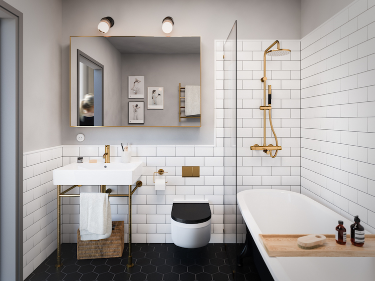 petite salle de bain moderne carrelage metro blanc carreaux hexagonaux noirs accents dore