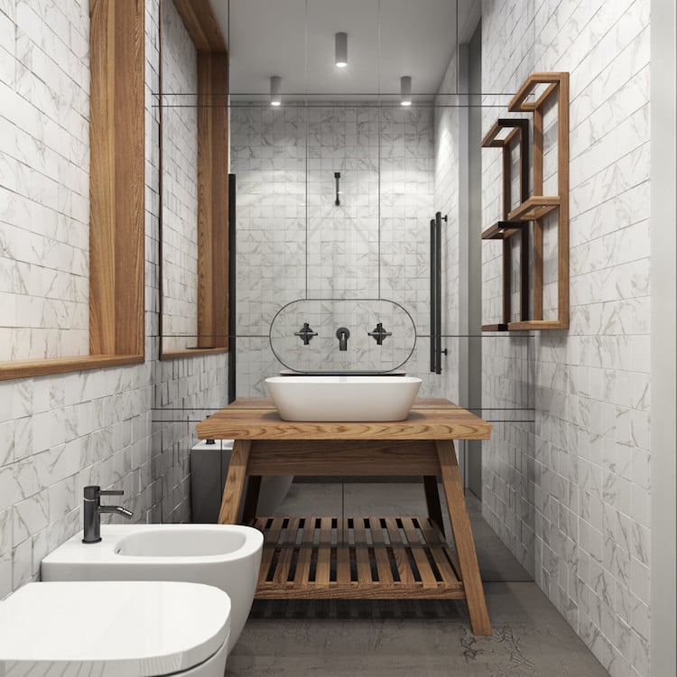petite salle de bain moderne carrelage rectangle exclusif meuble vasque bois