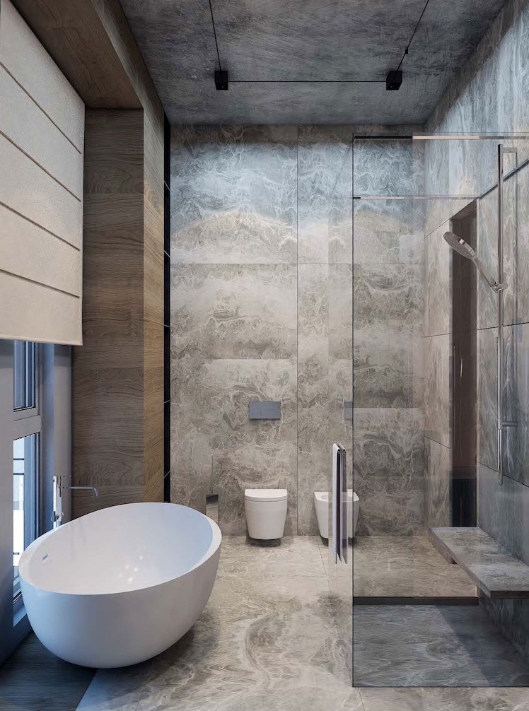 petite salle de bain moderne design exclusif carrelage grand format effet beton douche italienne