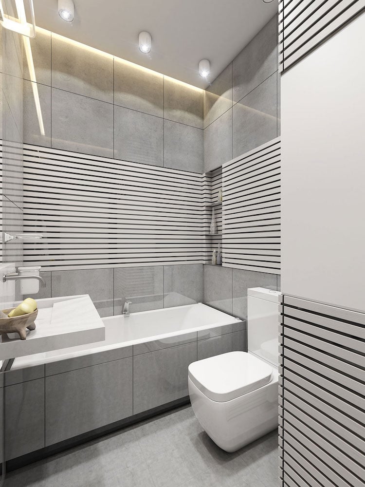 petite salle de bain moderne grise monochrome eclairage indirect