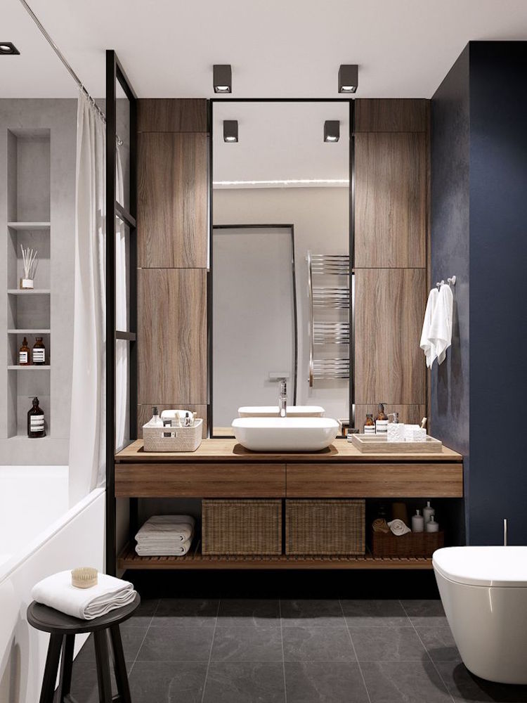 petite salle de bain moderne meuble vasque rangements bois