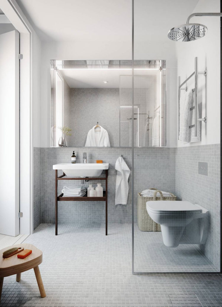 petite salle de bain moderne mosaique gris clair