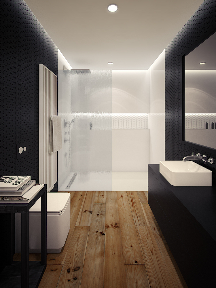 petite salle de bain moderne mosaique hexagonale noire plancher bois