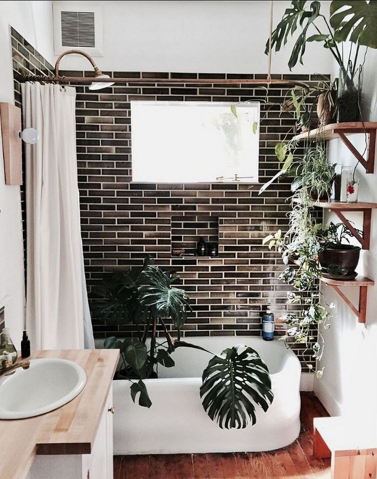 salle de bain mur en brique noire plantes