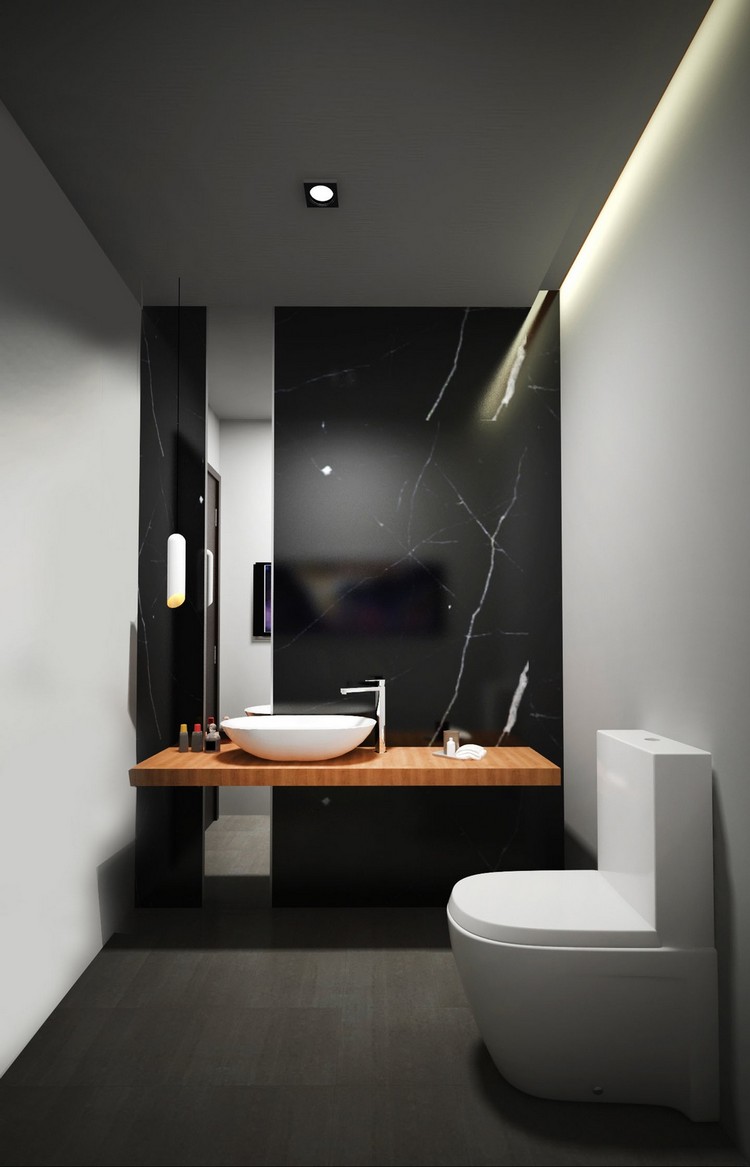 salle de bain noire bois et pierre naturelle