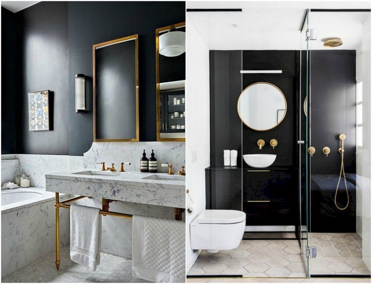 salle de bain noire marbre éléments en or