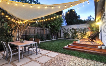 bordure jardin patio voile ombrage guirlande lumineuse