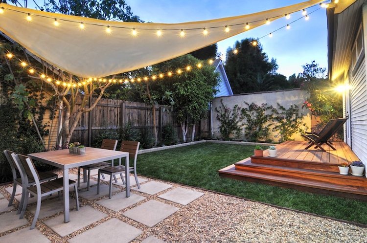 bordure jardin patio voile ombrage guirlande lumineuse