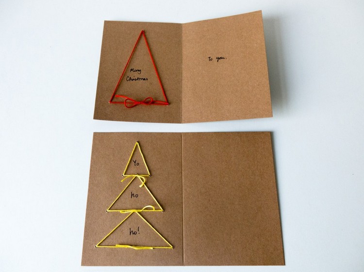carte de Noel brodee sapins points simples sapins triangles fils colores
