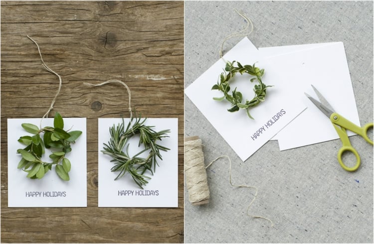 cartes de Noel a fabriquer materiaux naturels mini couronnes feuilles laurier