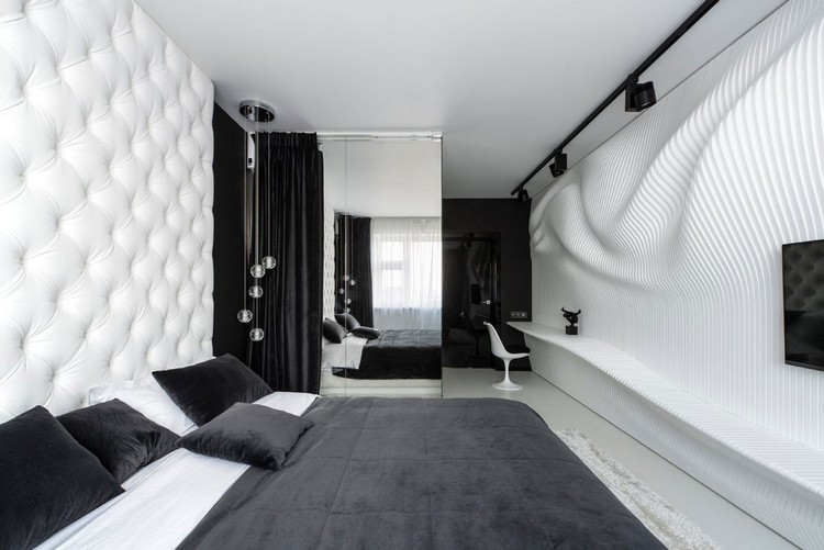 chambre à coucher déco en blanc et noir mur effet 3D