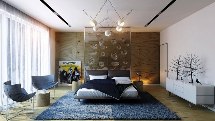 chambre à coucher luminaire design panneau en bois