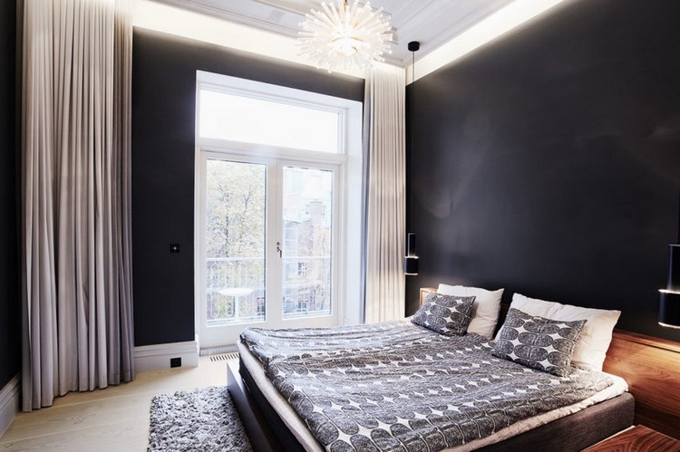 chambre à coucher moderne détails en bois murs noirs