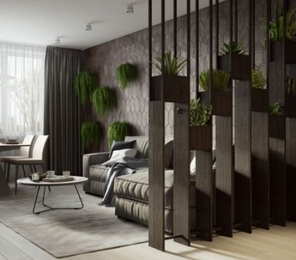 cloison ajourée bois intérieur moderne minimaliste revêtement mural jardin vvertical appartement luxe Moscou concept nature
