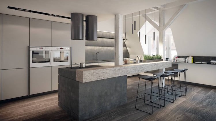 cuisine moderne avec ilot central bois massif beton