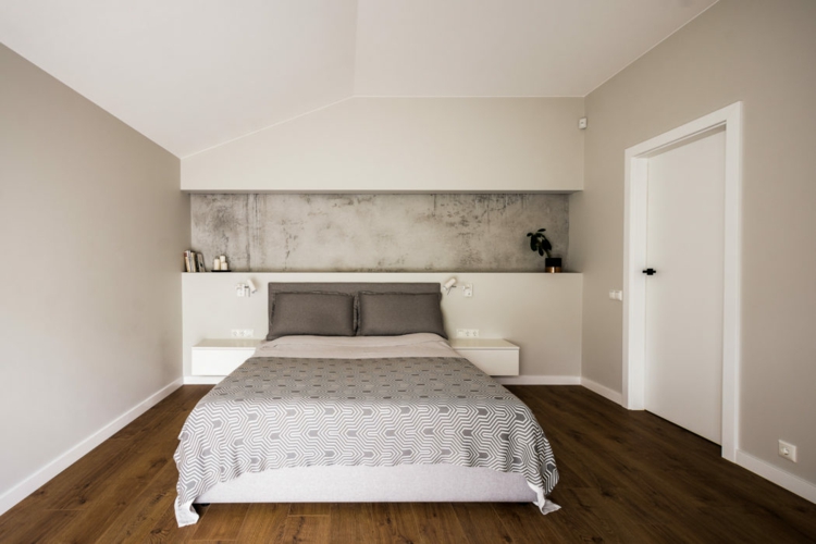 deco gris et bois chambre coucher minimaliste peinture effet beton cire