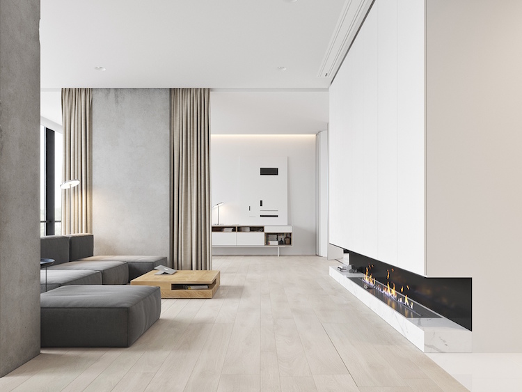 déco salon style minimaliste cheminée à gaz M3 Arhitecture