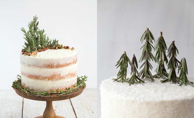 décoration gâteau Noël motif forêt cake nappage blanc