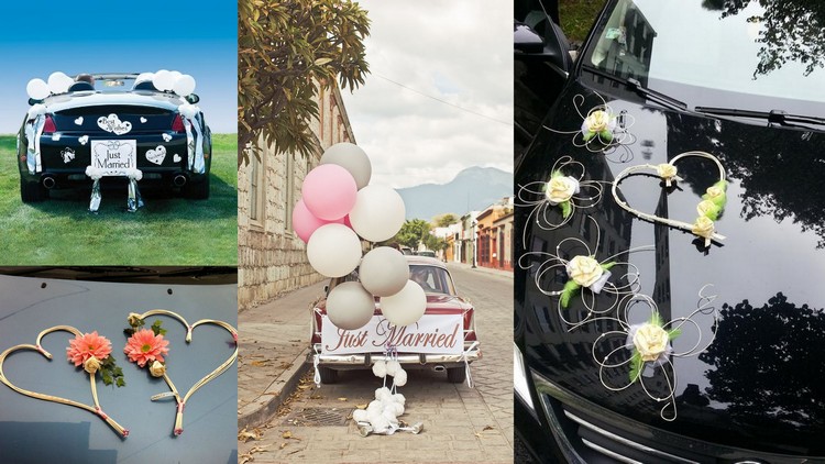 décoration voiture mariage courrone fleurs ballons rubans guirlande pom pom originale