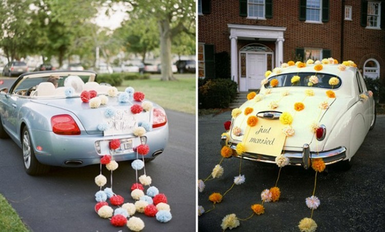 décoration voiture mariage pompons véhicules rétro idée originale mariés jour J