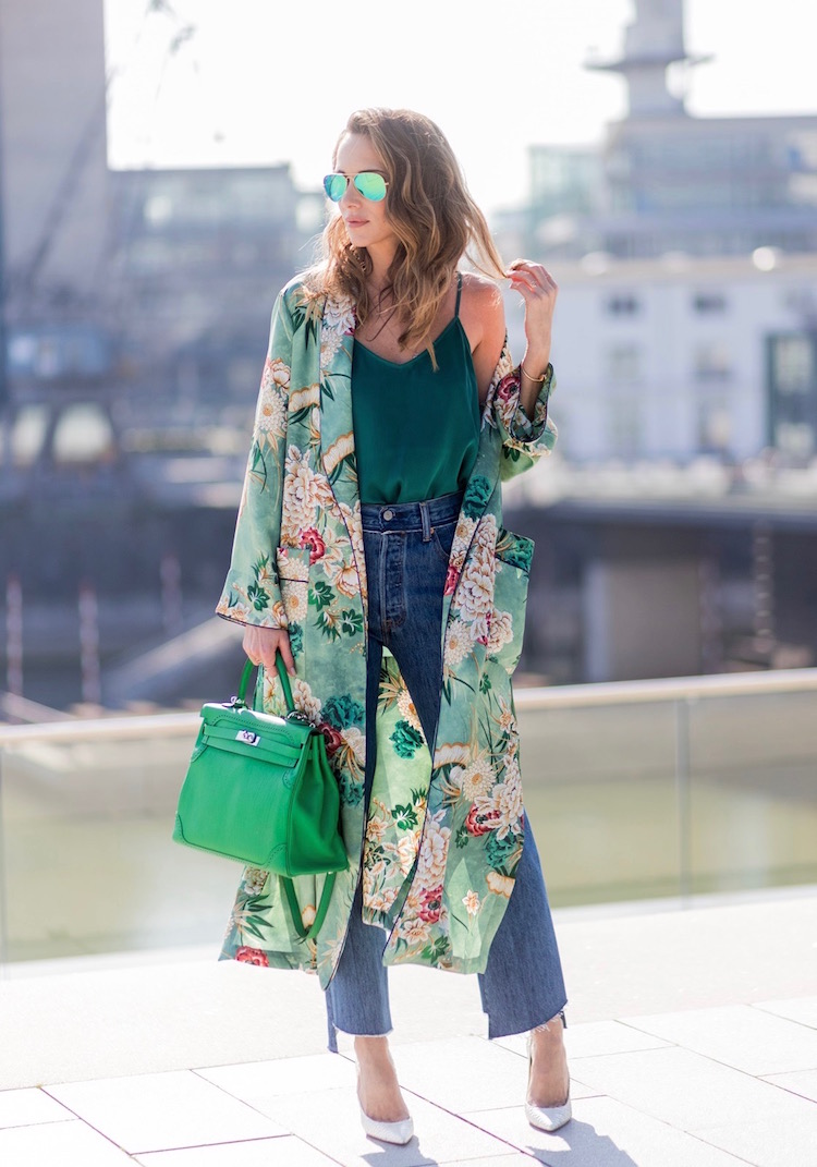 kimono long femme vert motifs floraux sac vert