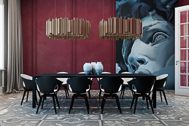 maison design luxe style moderne décoration murale salle à manger peinture originale lustres design
