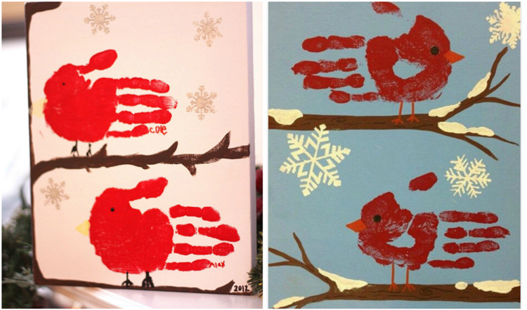 peinture de Noel avec la main oiseaux rouges