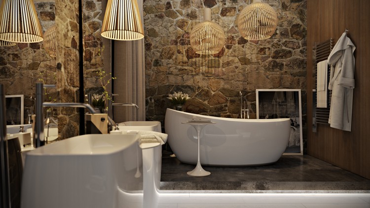 salle de bain en pierre naturelle baignoire blanche