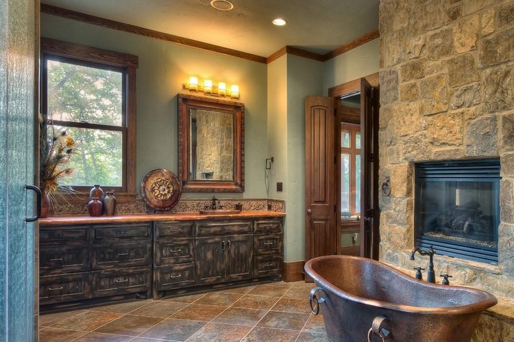 salle de bain en pierre naturelle bois baignoire cuivre