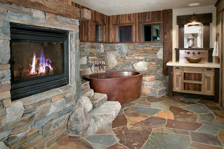 salle de bain en pierre naturelle cheminée déco rustique
