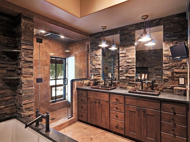 salle de bain en pierre naturelle et bois baignoire et cabine de douche