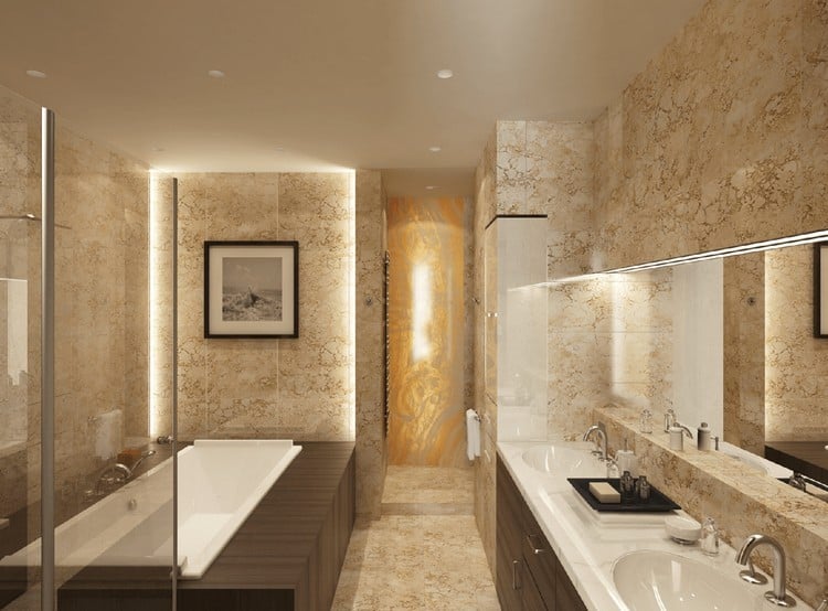 salle de bain en pierre naturelle et bois grand miroir