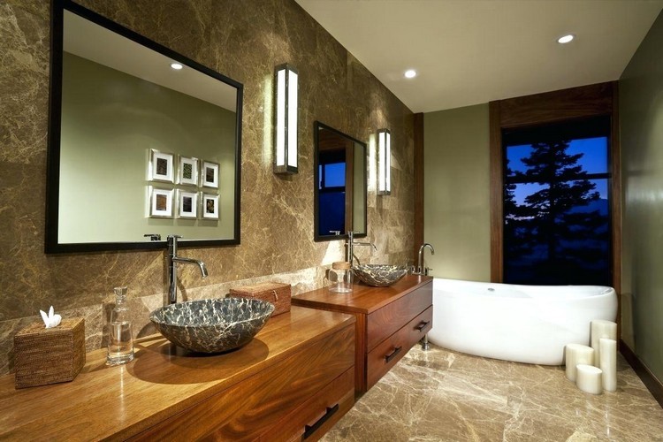 salle de bain en pierre naturelle et bois lavabo en pierre