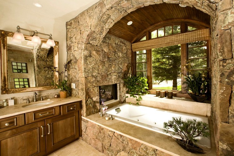 salle de bain en pierre naturelle et bois