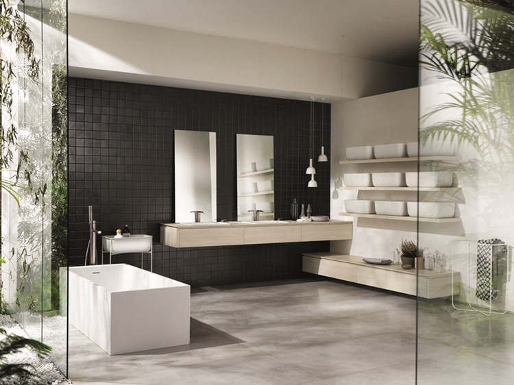 cuisine intégrée salle de bain étagères en bois design moderne bacs rangement pratiques