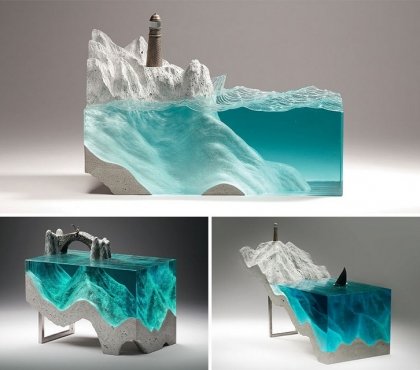 sculptures modernes en verre et en béton
