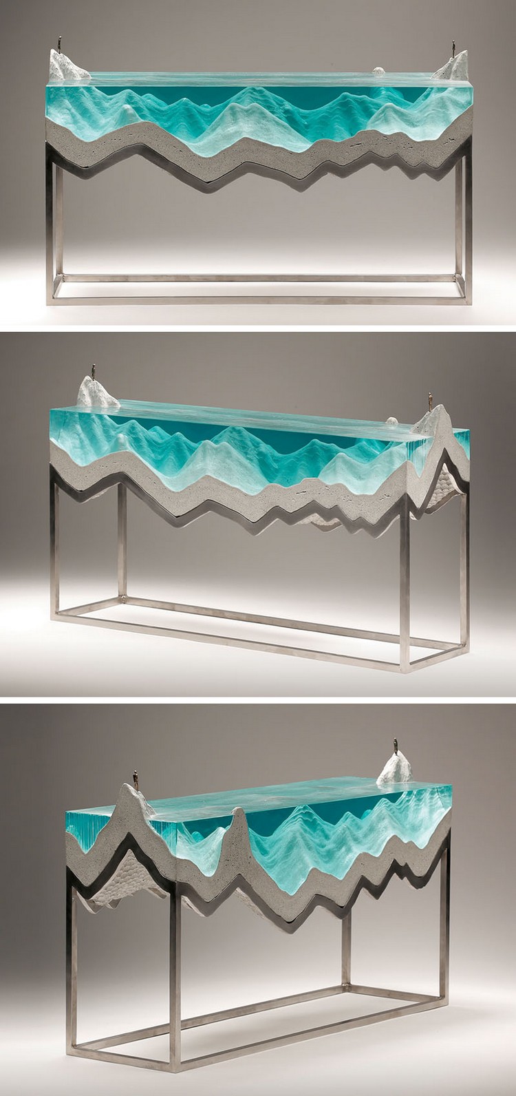 sculptures modernes en verre et en béton fond océanique effet 3D