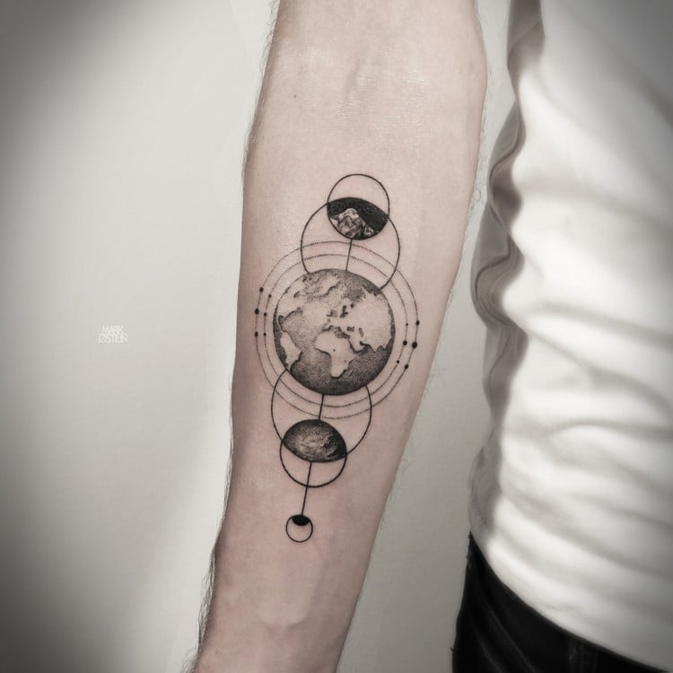 tatouage géométrique avant-bras homme planètes