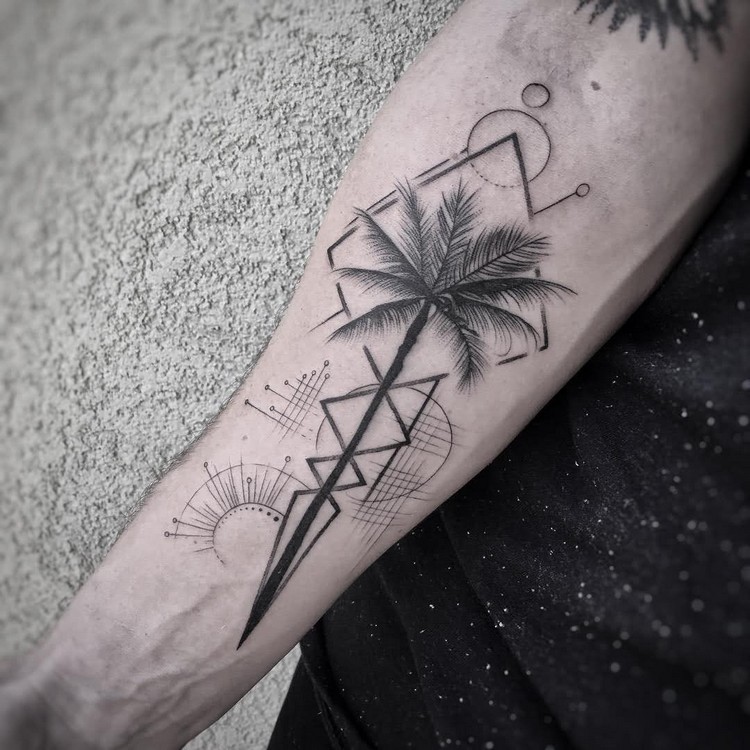 tatouage géométrique homme palmier sur l'avant-bras