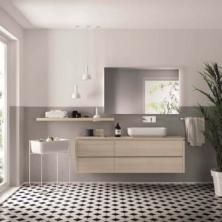 cuisine intégrée étagères en bois aménagement salle de bain moderne bancs rangement blancs