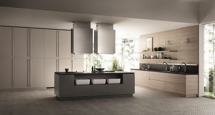 cuisine intégrée étagères en bois espaces rangement cuisine design salle de bain concept gain place