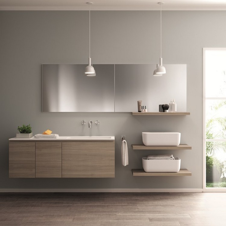cuisine intégrée étagères en bois espaces rangement pratiques salle de bain moderne miroir vaste